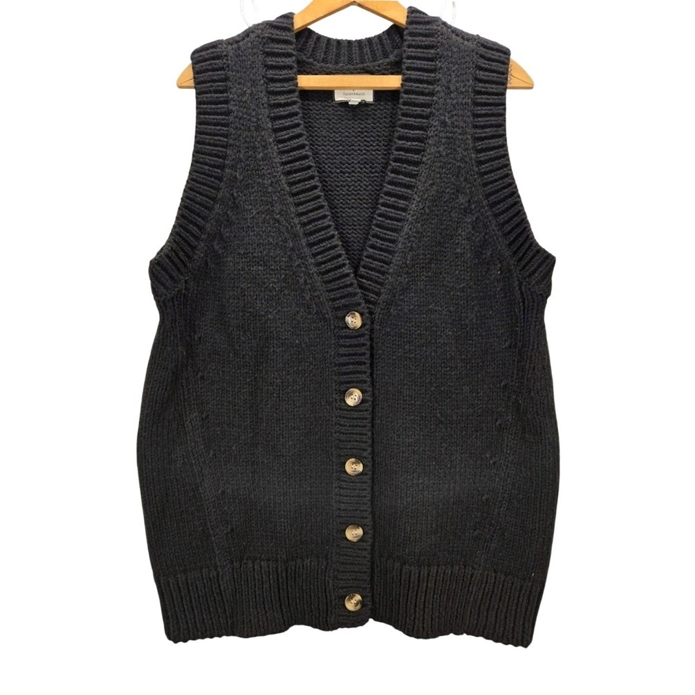Tuckernuck Cardigan Sweater Vest Women Large Black Wool Blend Button Chunky Knit